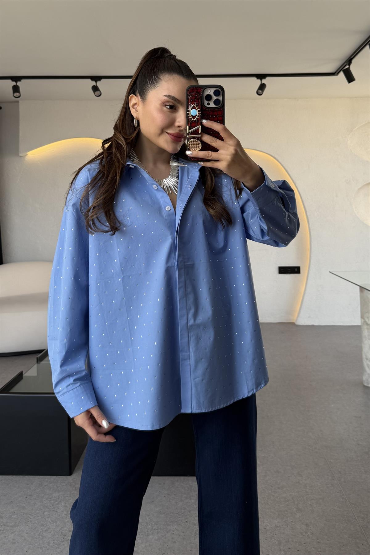 Renita Mavi Taşlı Poplin Gömlek