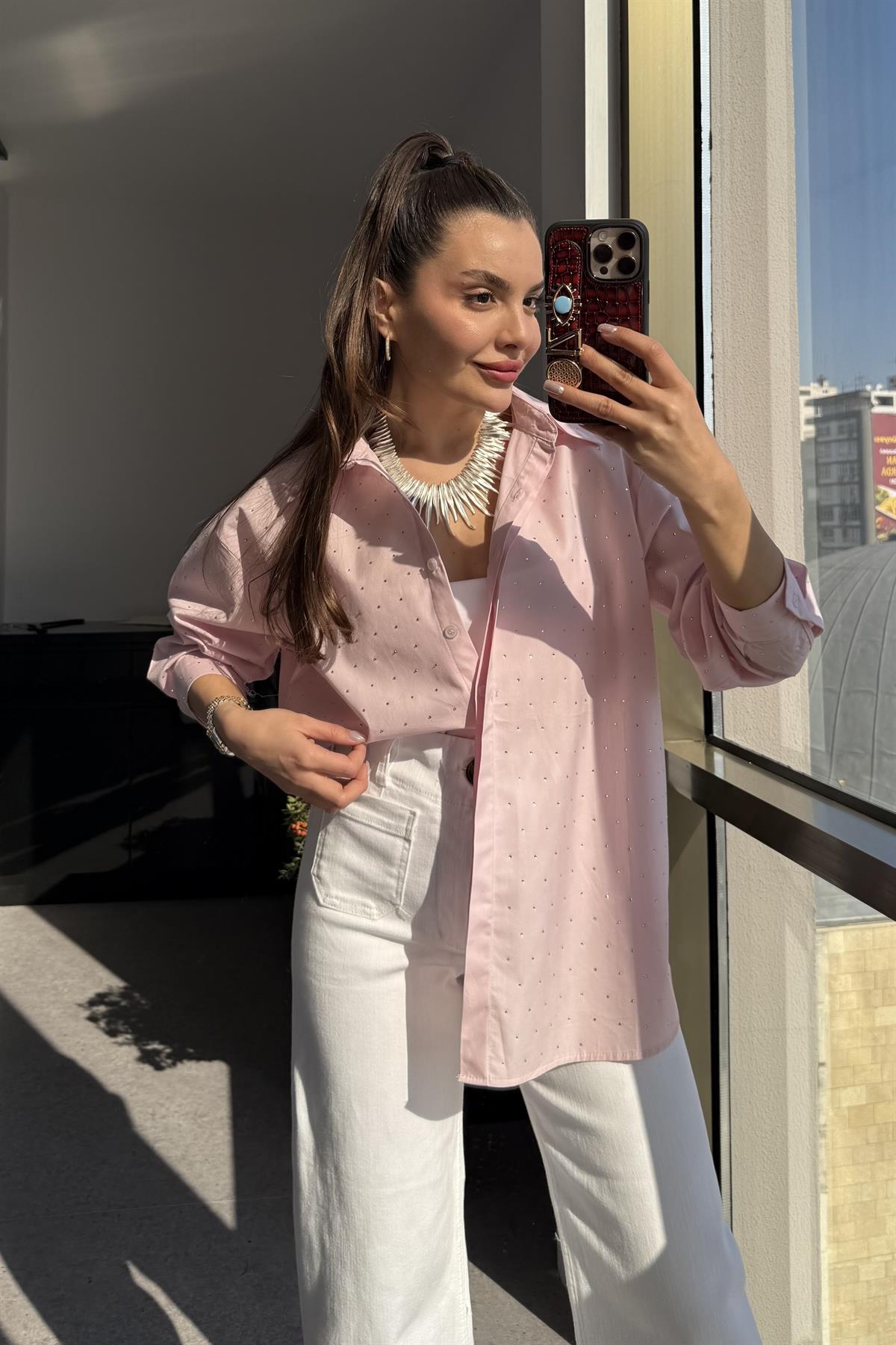 Renita Pembe Taşlı Poplin Gömlek