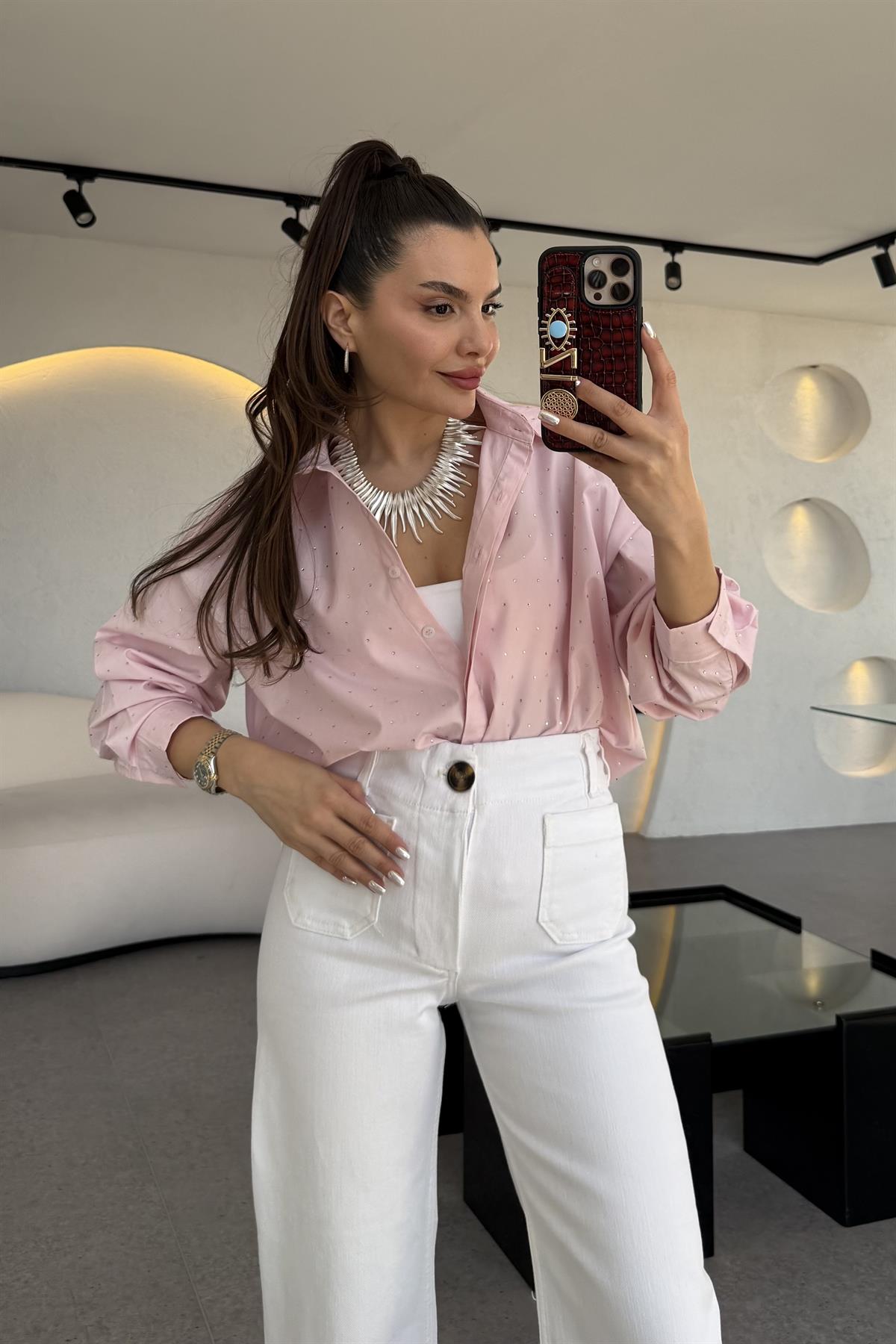 Renita Pembe Taşlı Poplin Gömlek
