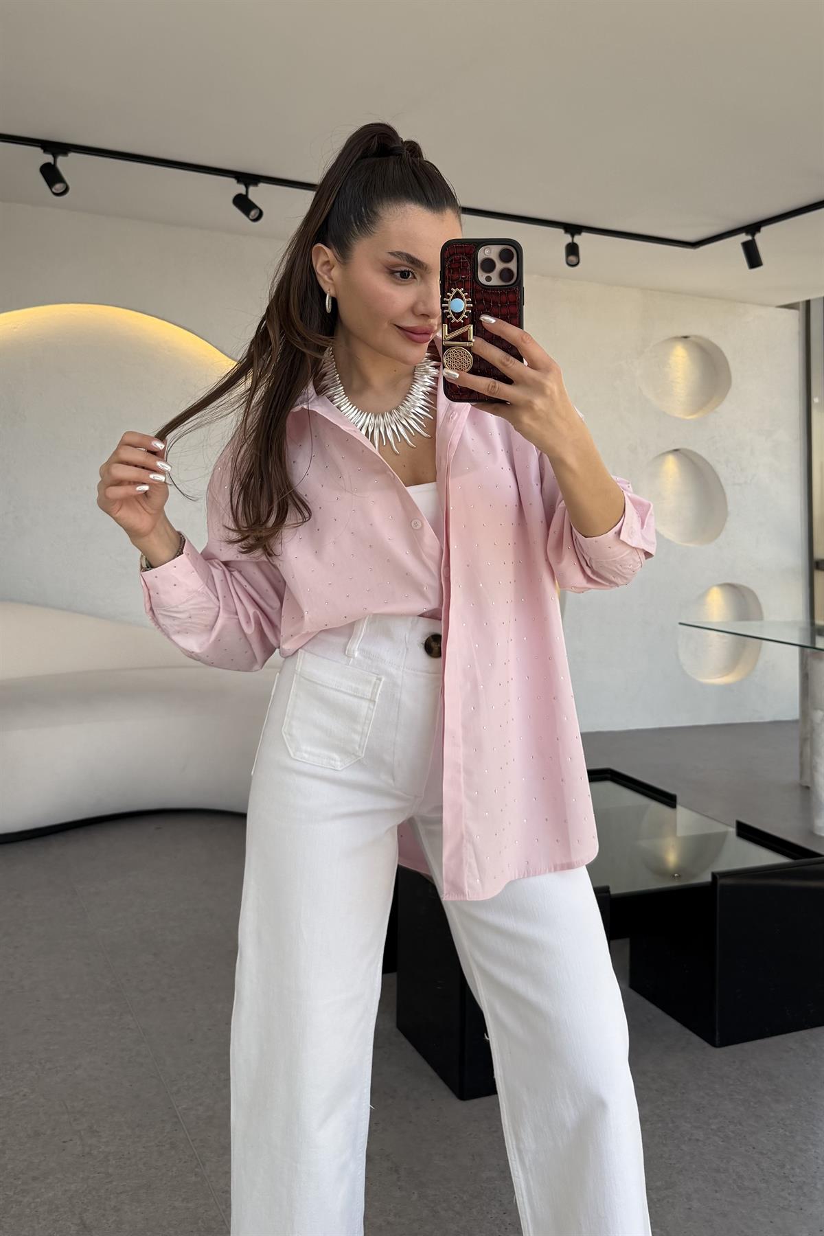 Renita Pembe Taşlı Poplin Gömlek
