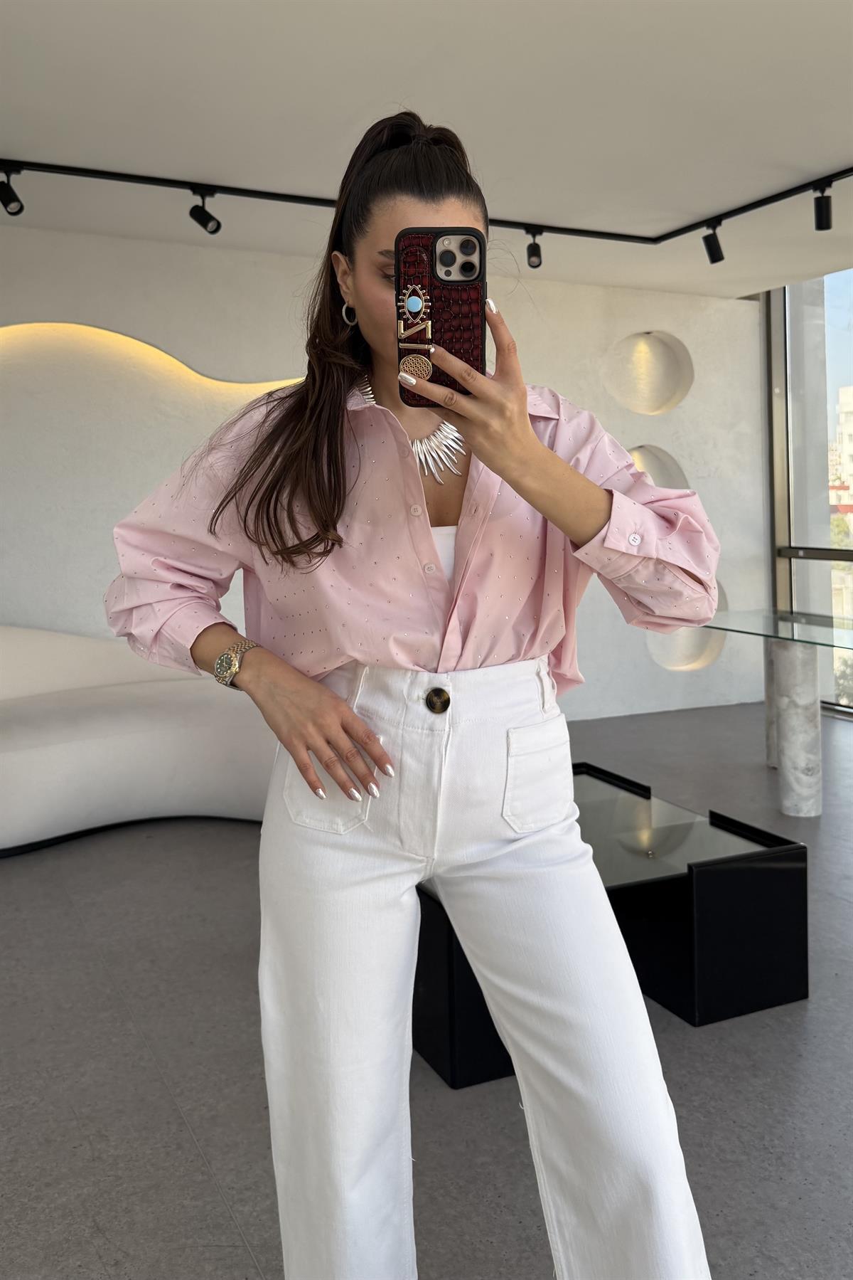 Renita Pembe Taşlı Poplin Gömlek