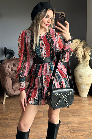 Renkli etnik desenli şifon kat kat elbise