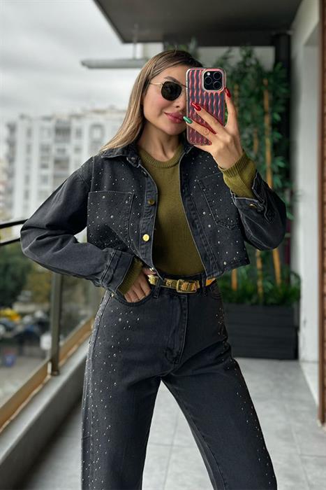 Resse Zımbalı Mom Jean - Kot Ceket Takım