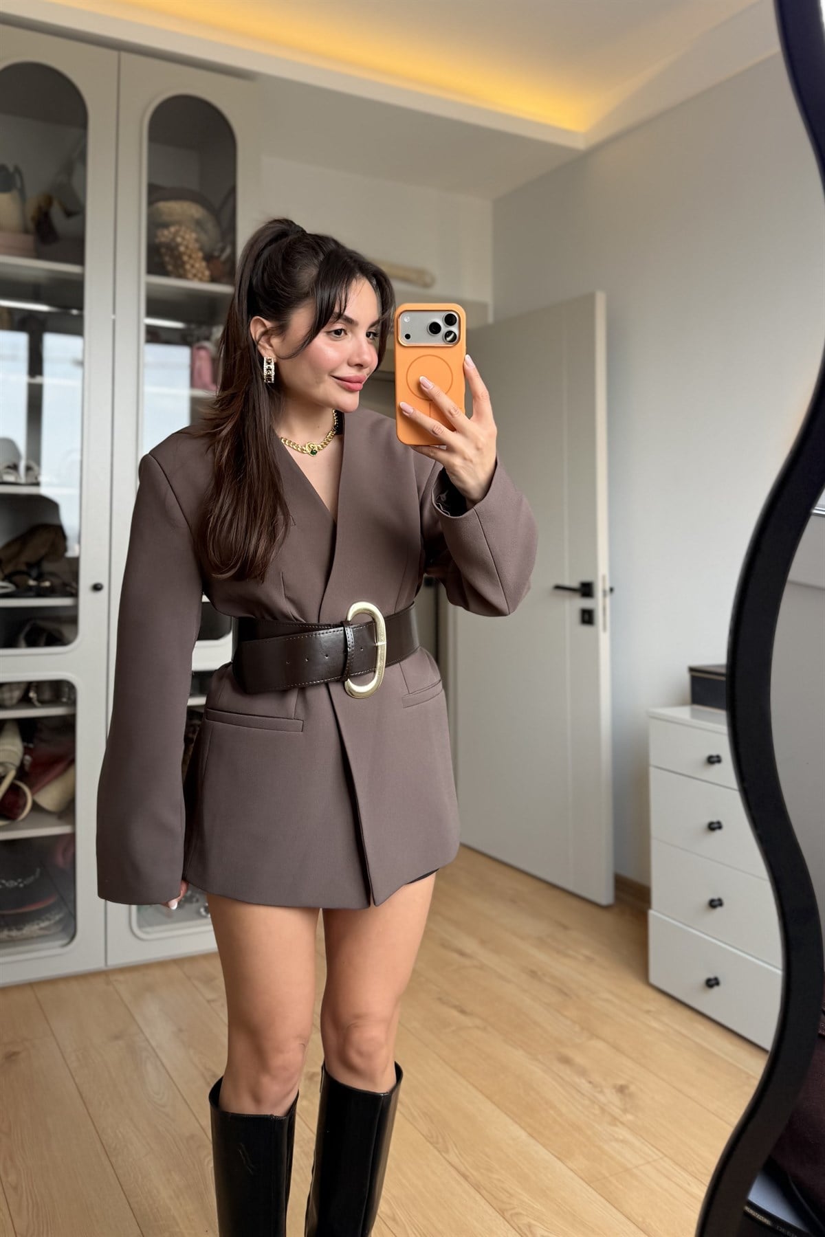 Reuben Kahve Kalın Kemerli Blazer Ceket
