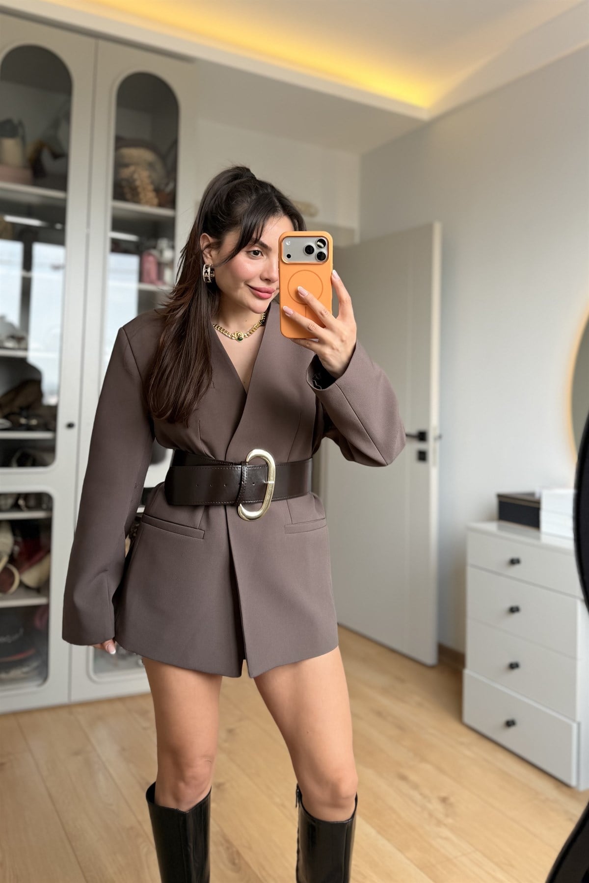 Reuben Kahve Kalın Kemerli Blazer Ceket