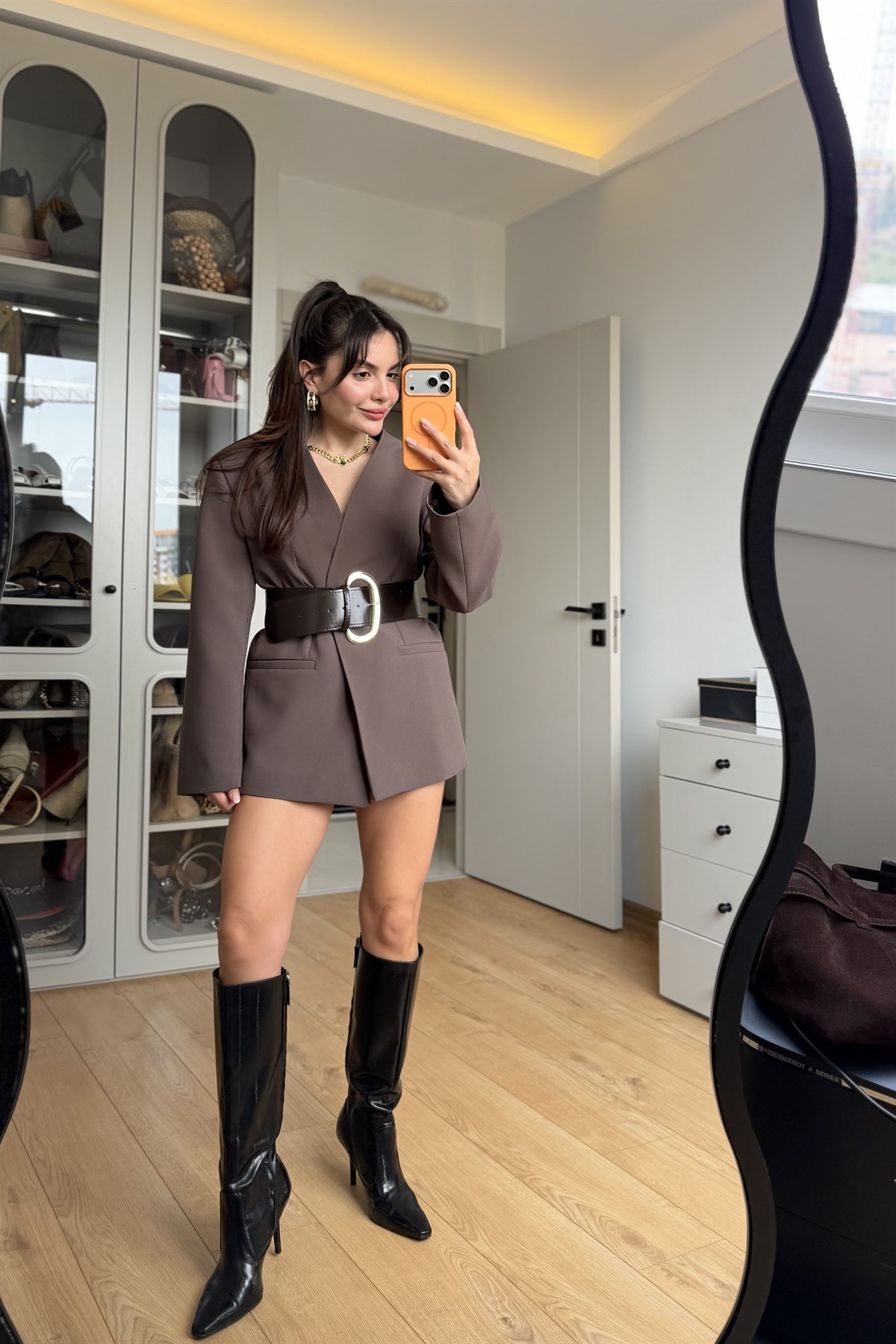 Reuben Kahve Kalın Kemerli Blazer Ceket