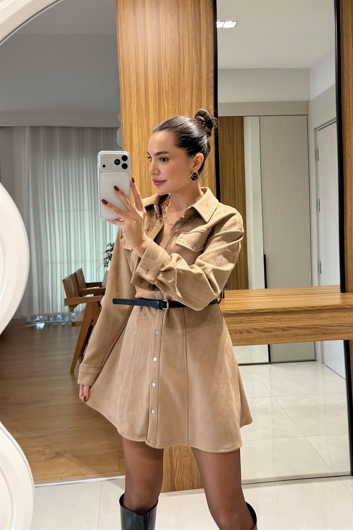 Reyna Camel Süet Kemerli Elbise 