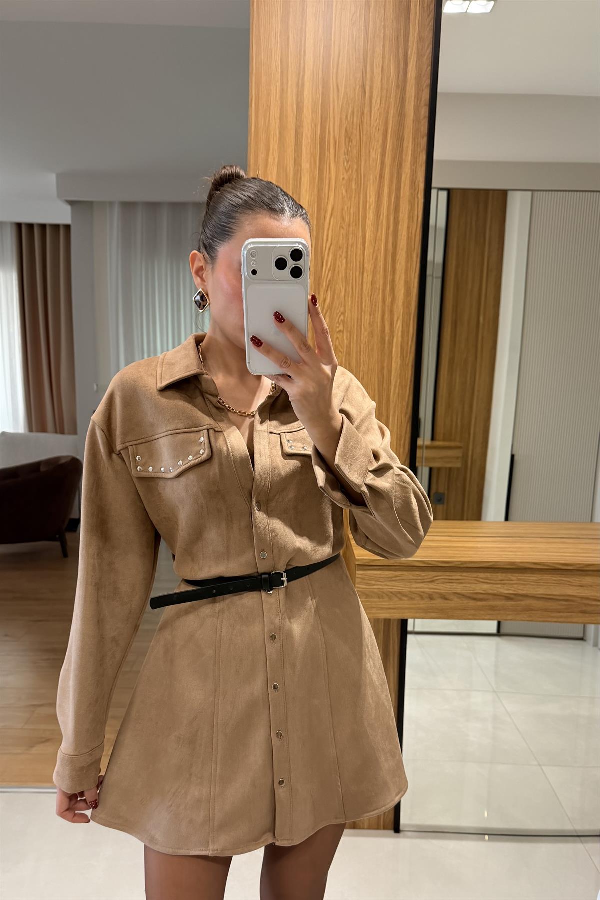 Reyna Camel Süet Kemerli Elbise 