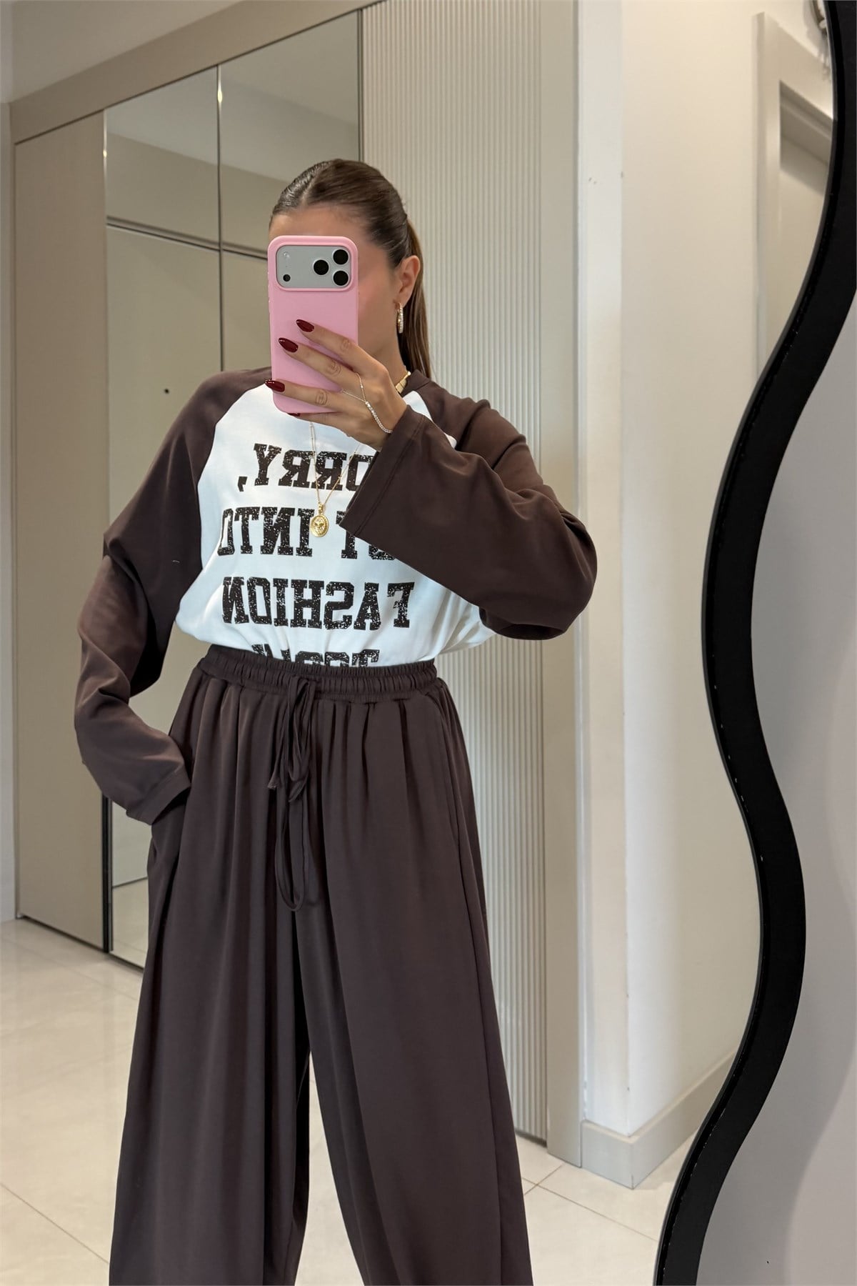 Rhea Kahve Paçası Lastikli Şalvar Model Eşofman Altı