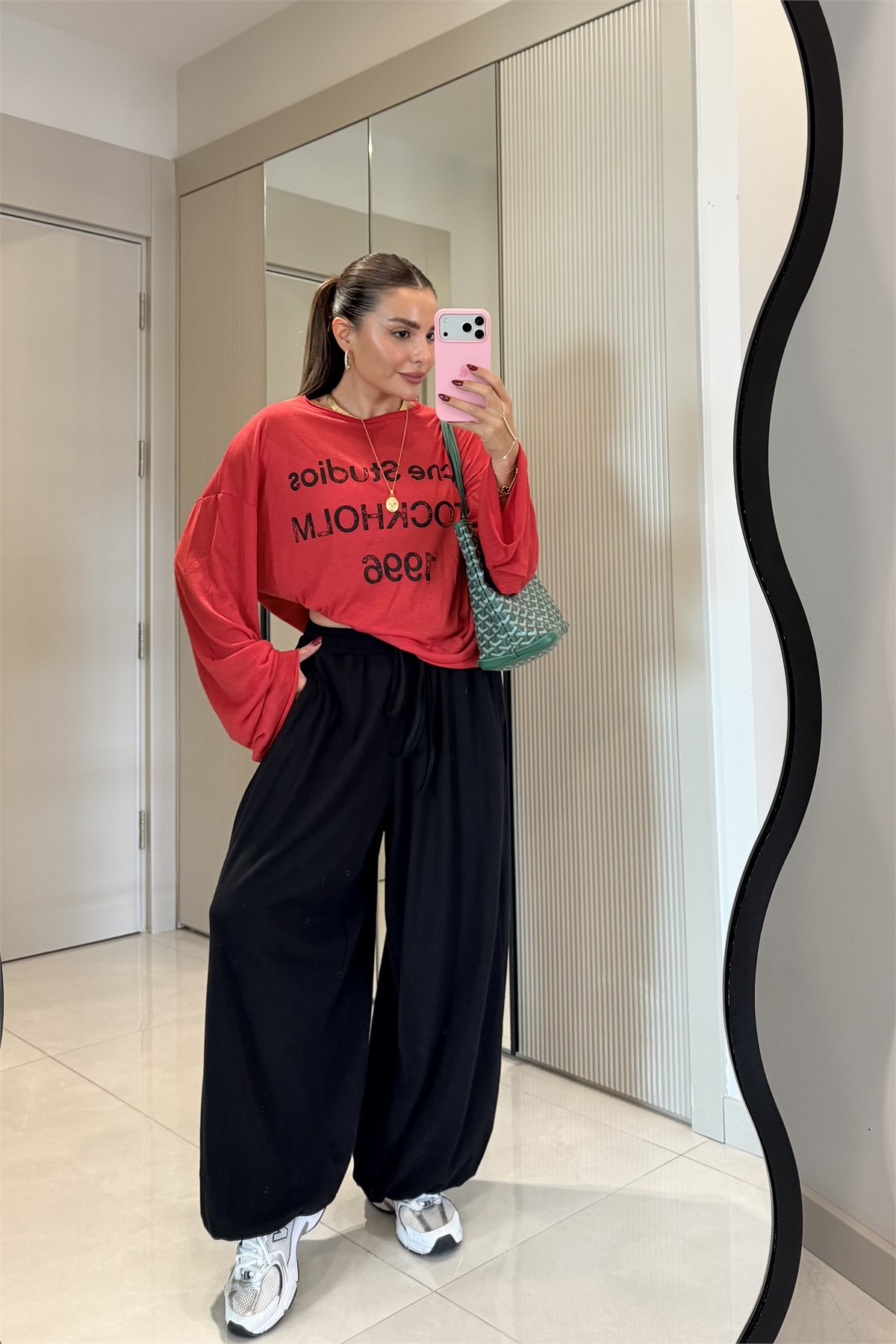 Rhea Siyah Paçası Lastikli Şalvar Model Eşofman Altı