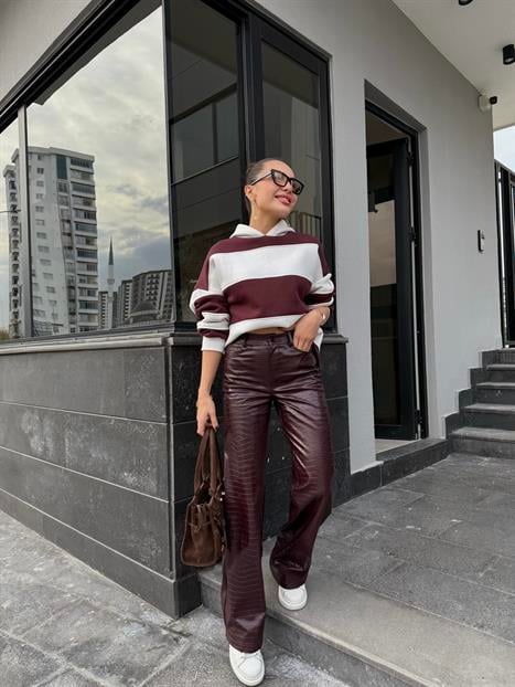 Rhin Yılan Derili Marka Bordo Deri Palazzo