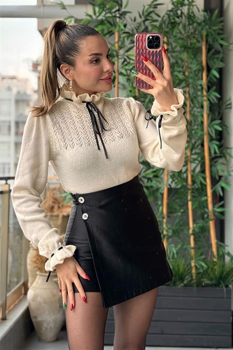 Ribbed Fiyonklu Krem Kazak