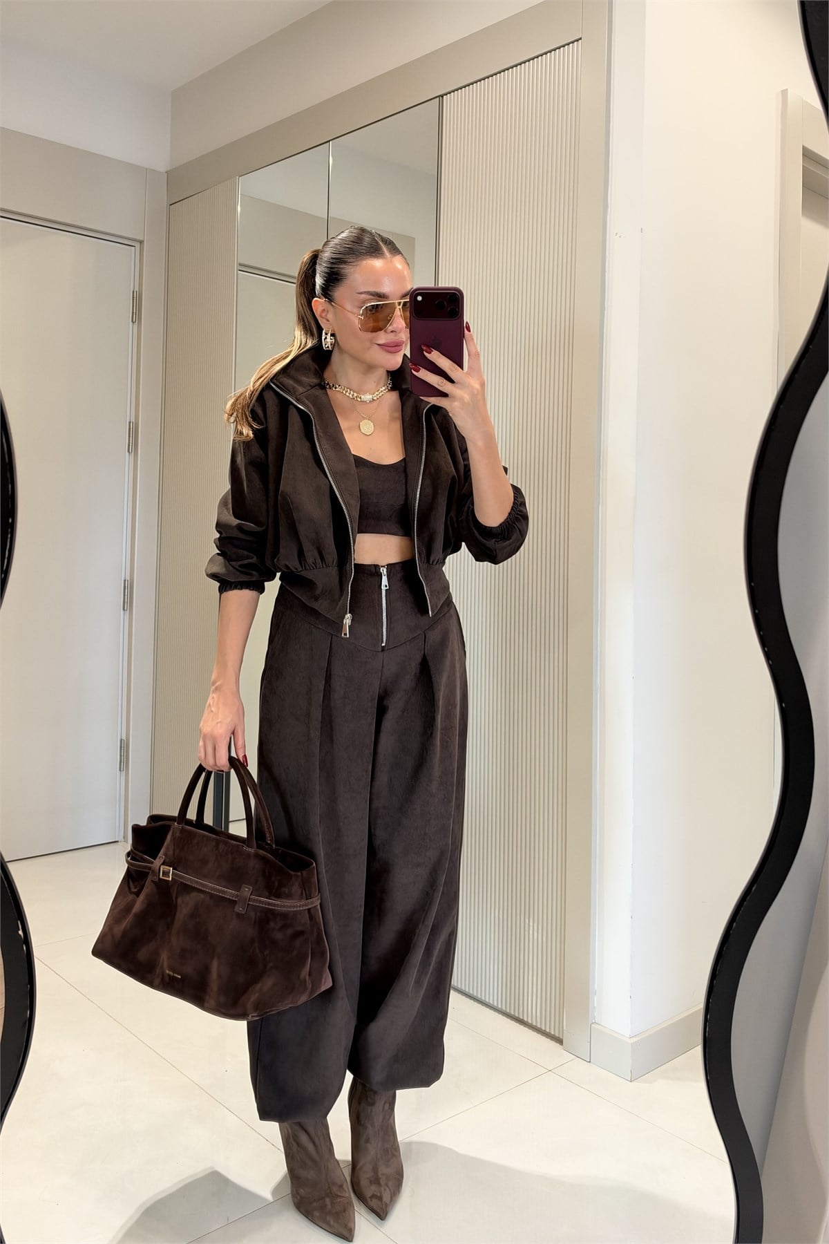 Riddle Kahve Üçlü Fermuar Detaylı Takım