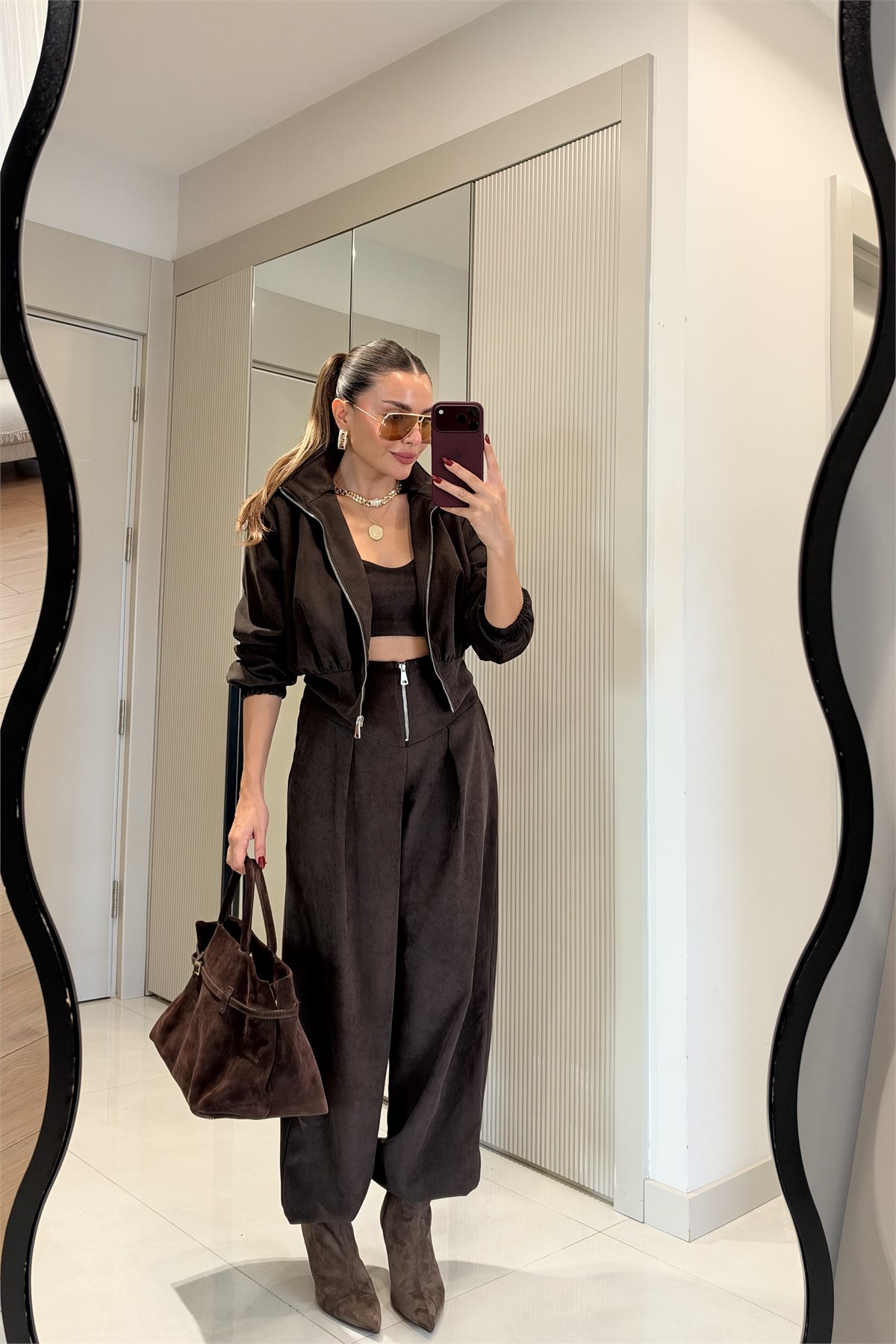 Riddle Kahve Üçlü Fermuar Detaylı Takım