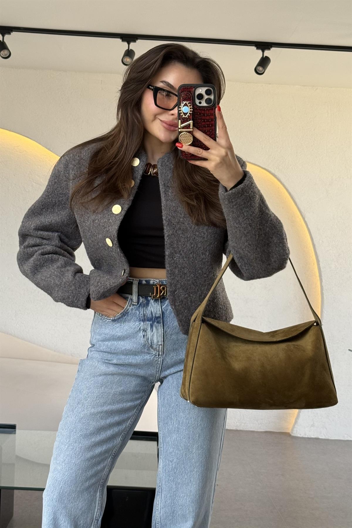 Riga Gri Gold Düğmeli Belden Oturtmalı Ceket