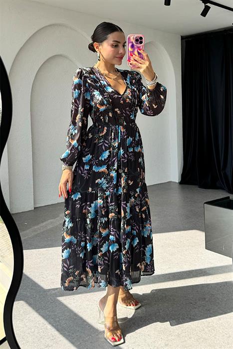 Rina Siyah Desenli Şifon Elbise