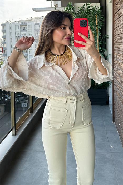 Rine Püskül Dokulu Gömlek - Krem