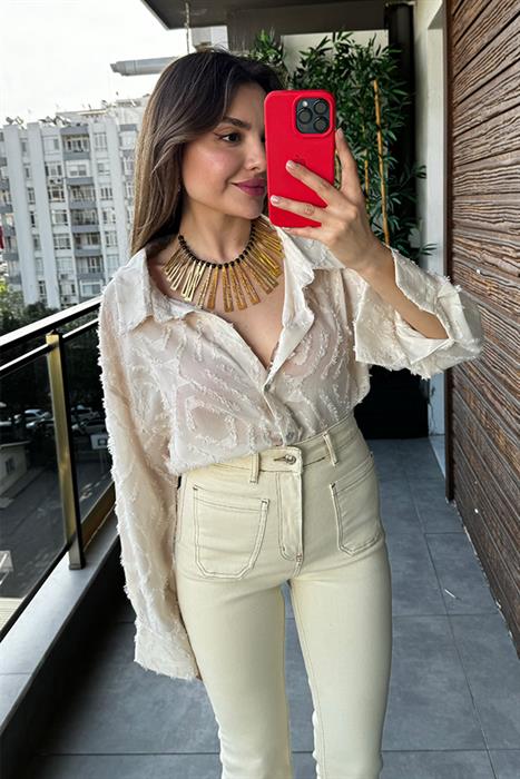 Rine Püskül Dokulu Gömlek - Krem