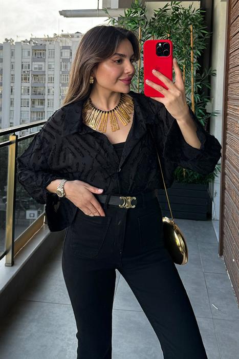 Rine Püskül Dokulu Gömlek - Siyah