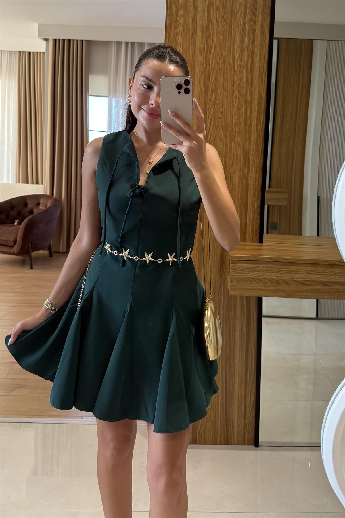 Rings Zümrüt Bağlamalı Volanlı Elbise 