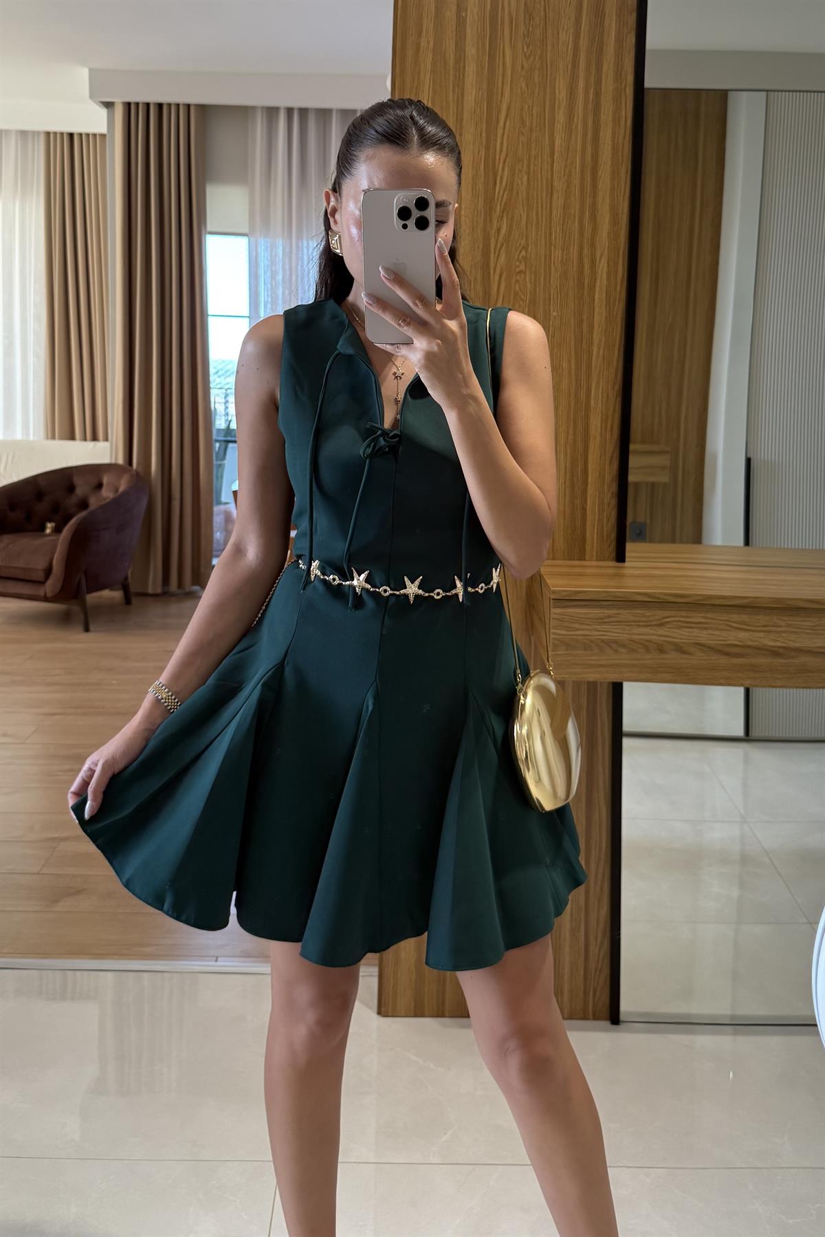 Rings Zümrüt Bağlamalı Volanlı Elbise 