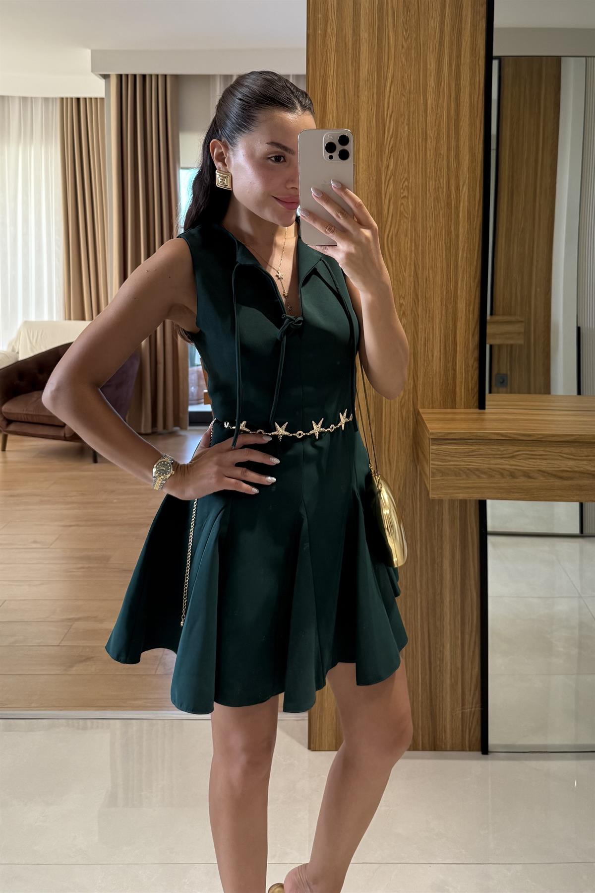 Rings Zümrüt Bağlamalı Volanlı Elbise 