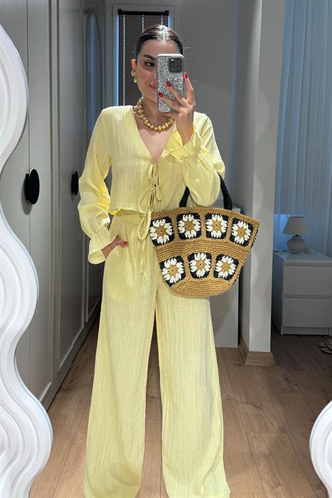 Rio Bağcıklı Bluz Pantolon Takım - Sarı