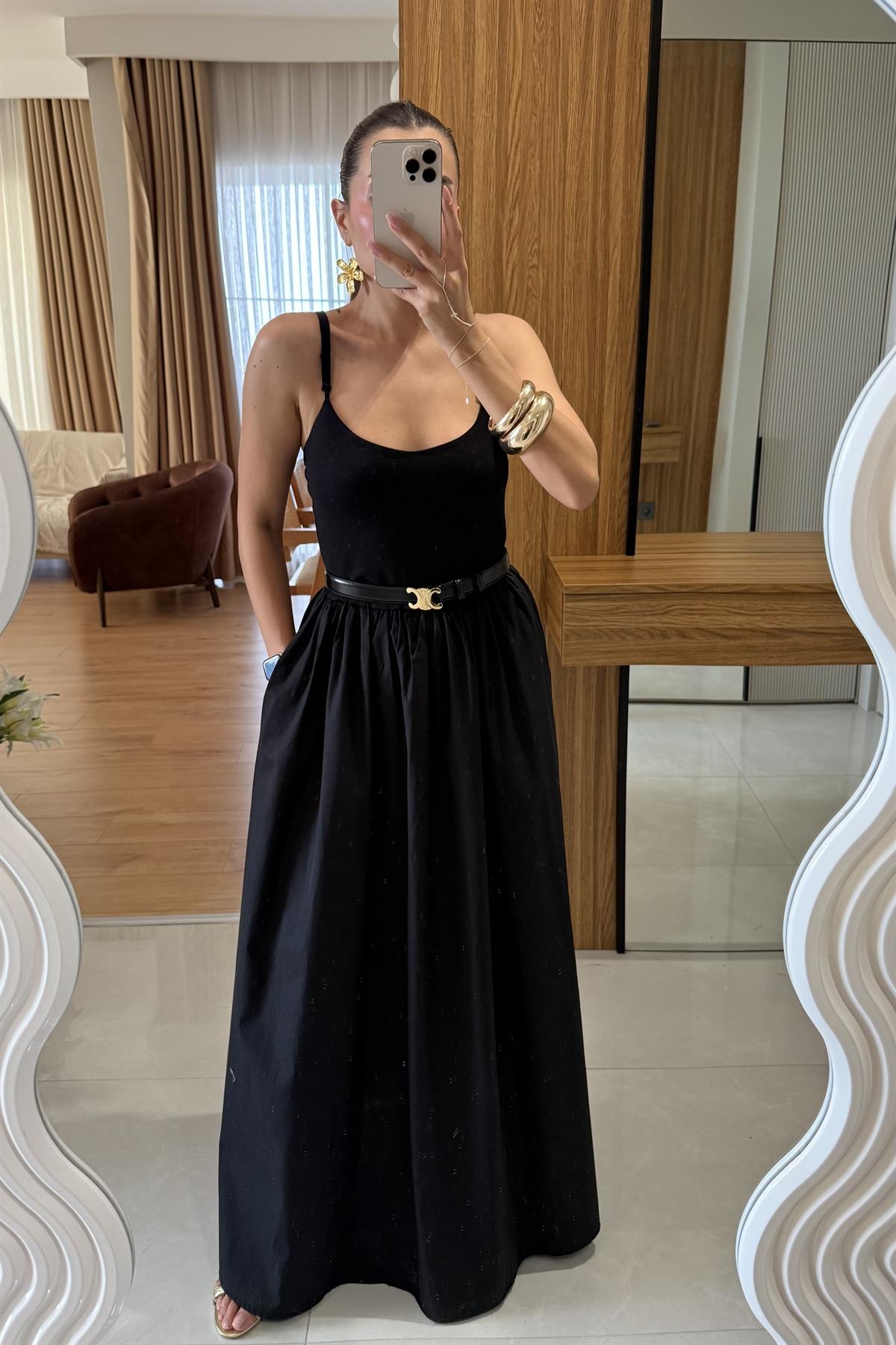 Riri İnce Askılı Maxi Balon Elbise