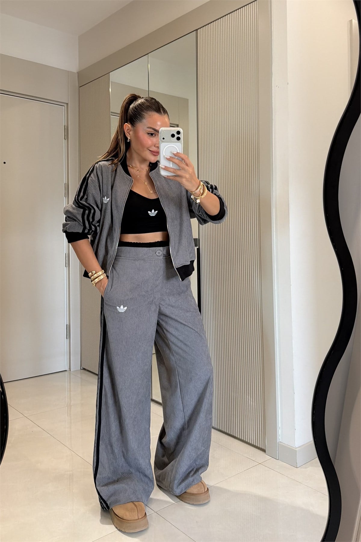 Rishi Antrasit Kadife Üçlü Marka Model Takım
