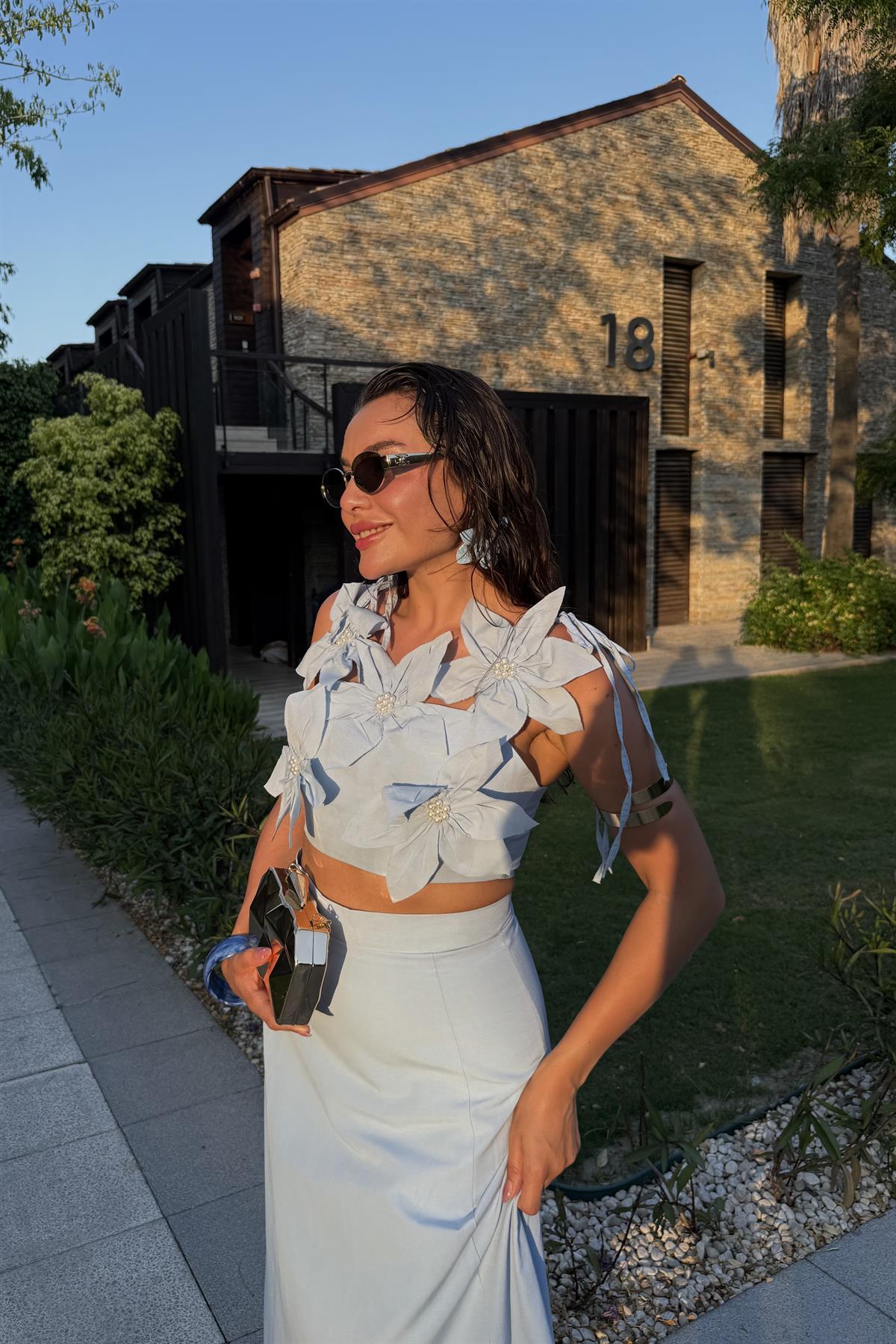 Rita Mavi Çiçekli Çan Etekli Takım