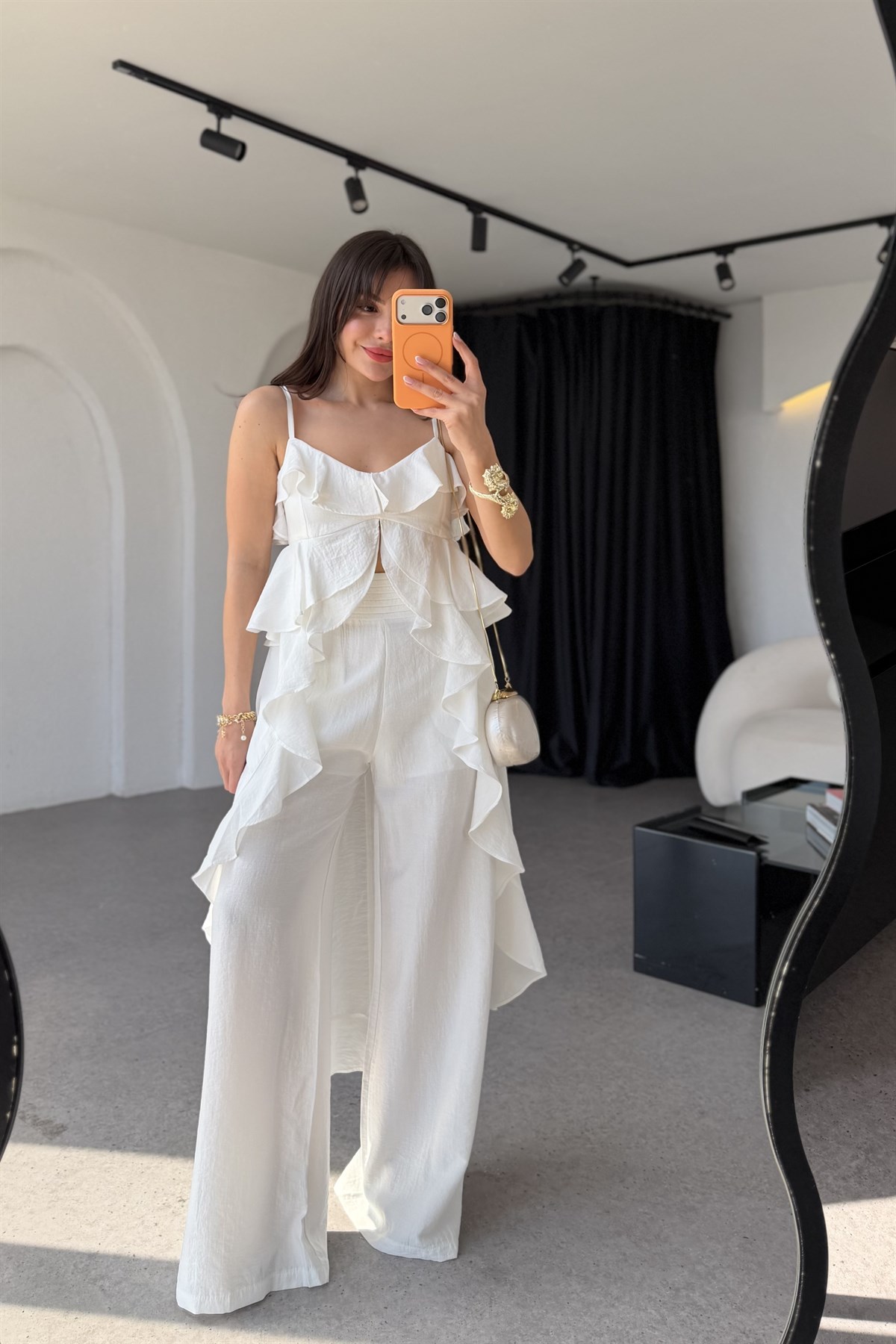Riva Beyaz Fırfır Bluz Pantolon Takım