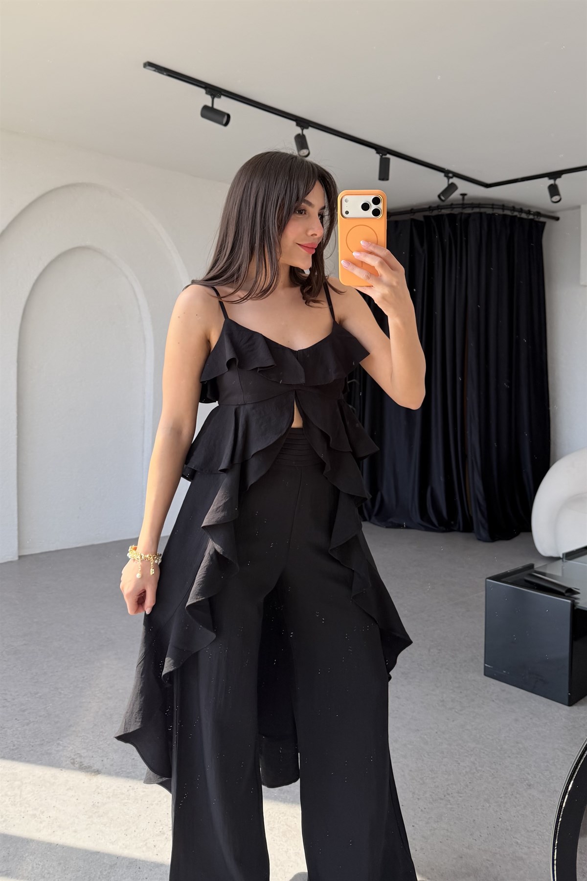 Riva Siyah Fırfır Bluz Pantolon Takım