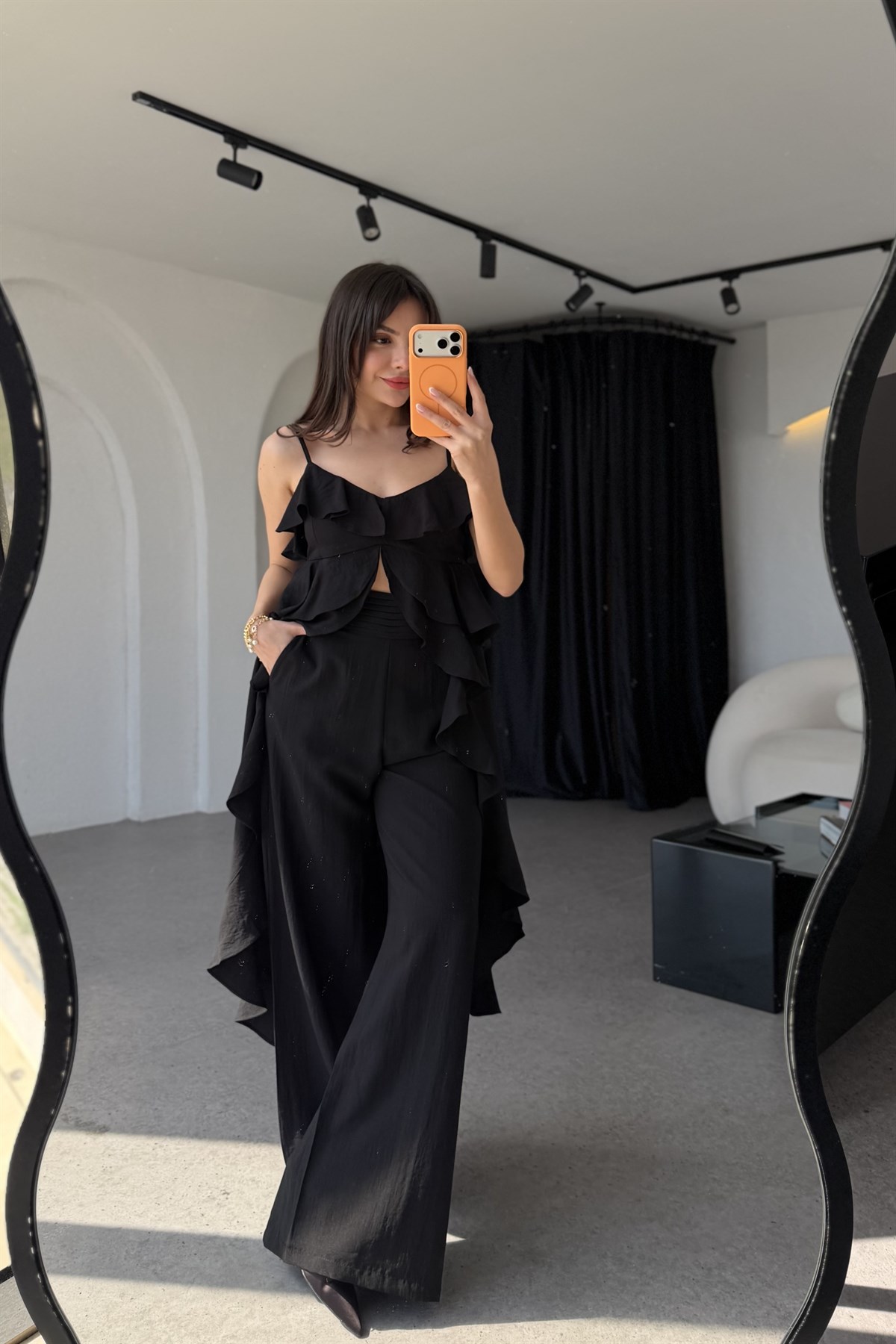 Riva Siyah Fırfır Bluz Pantolon Takım