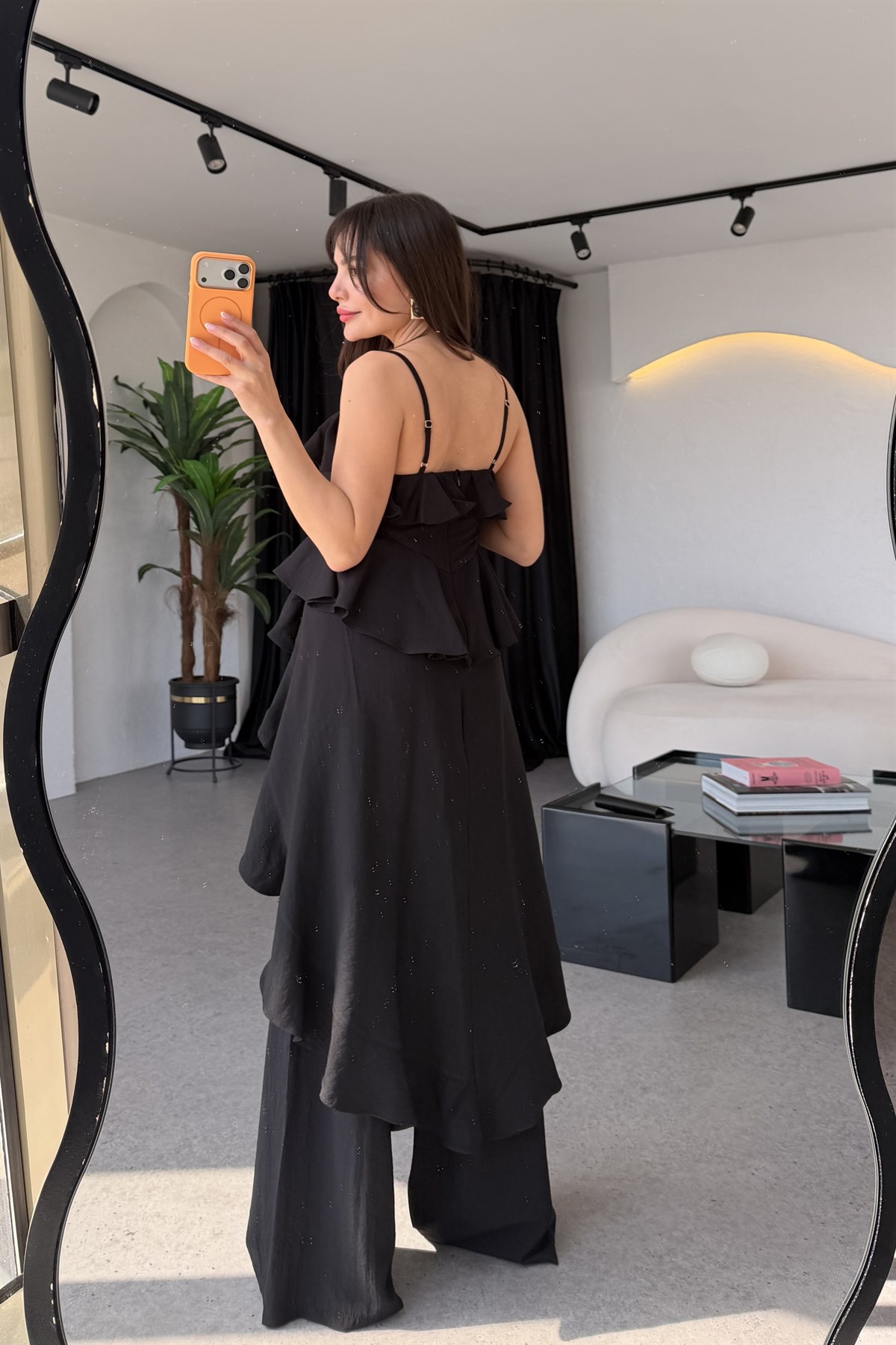 Riva Siyah Fırfır Bluz Pantolon Takım