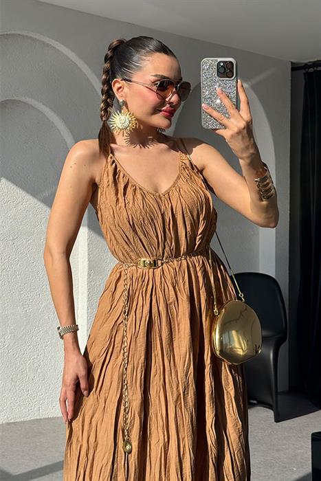 Rivest Askılı Camel Elbise