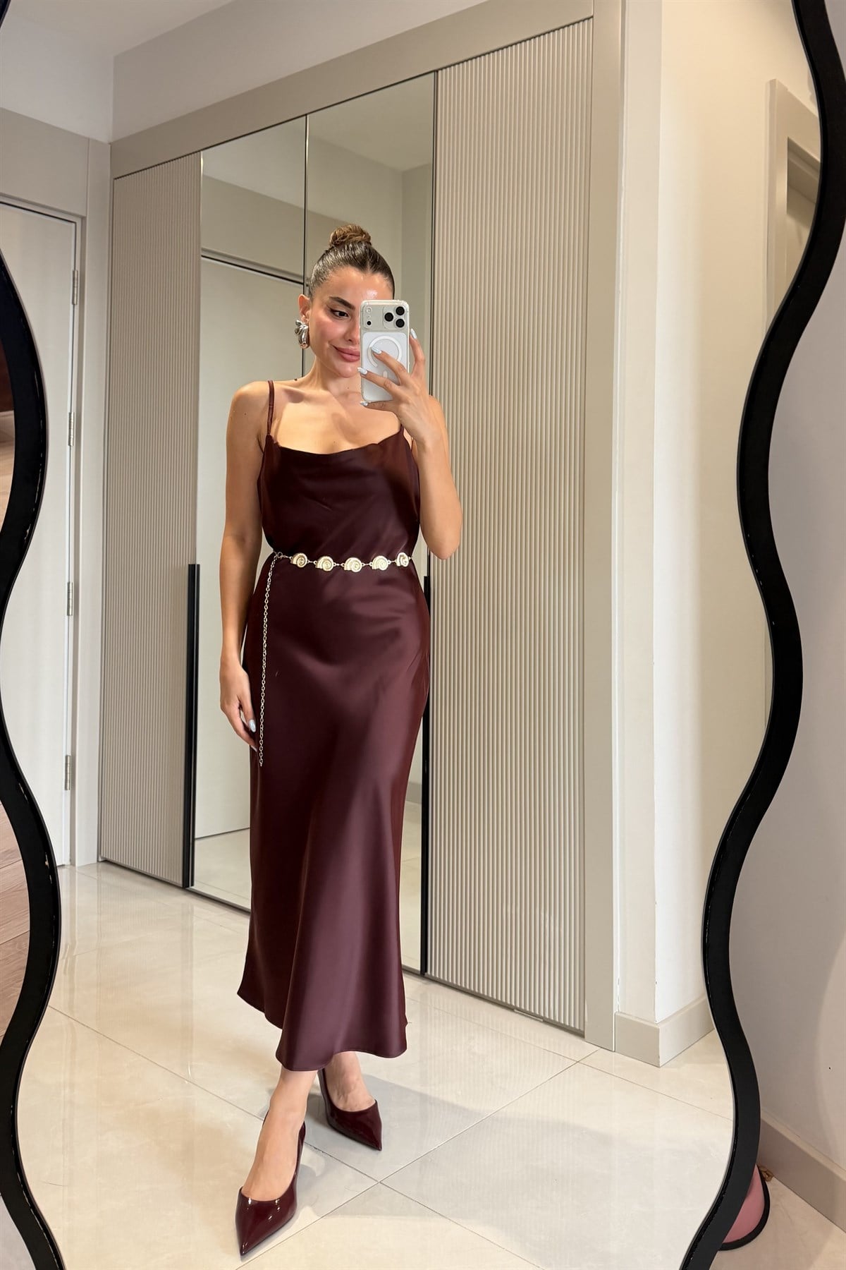 Rixton Bordo Saten Askılı Elbise