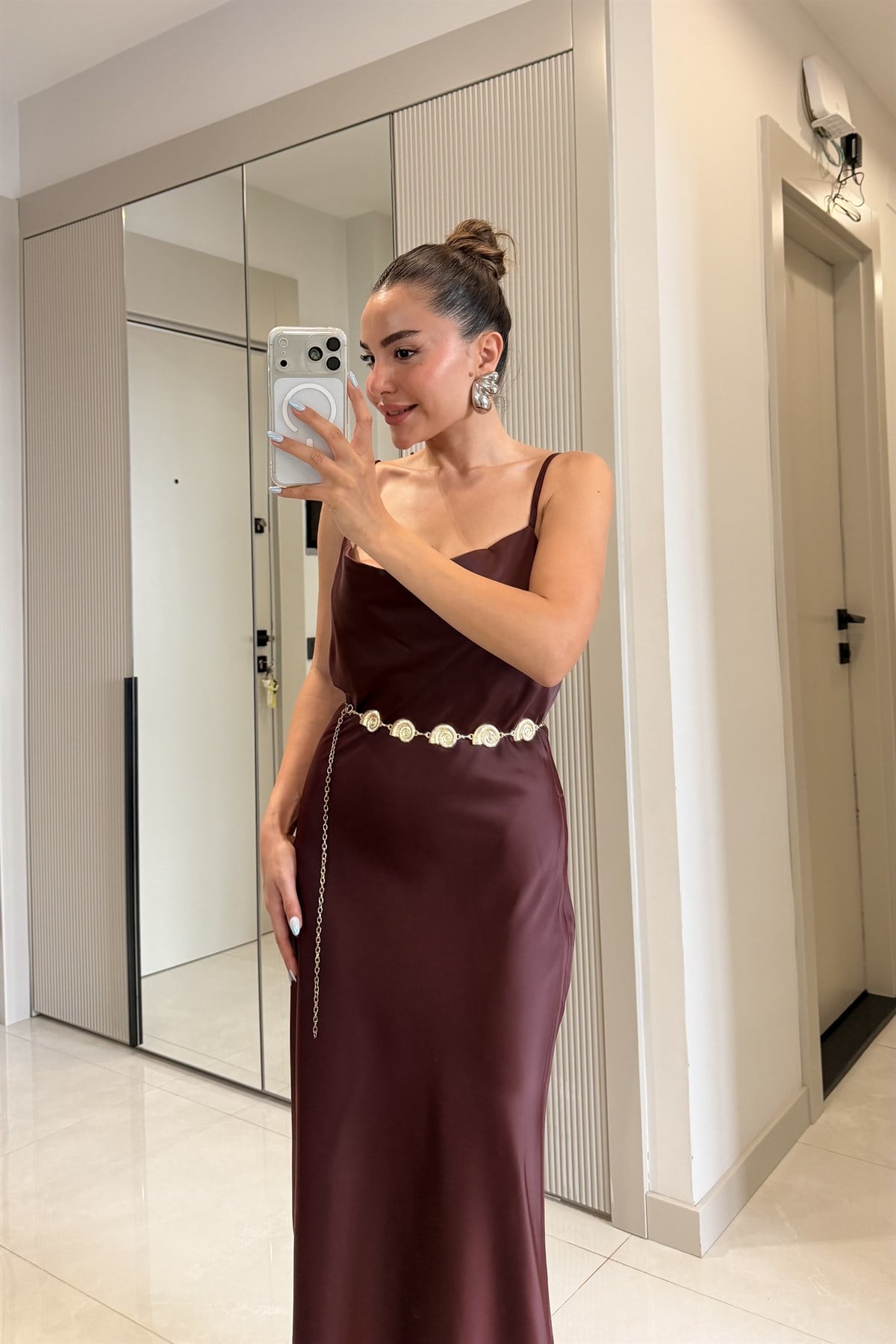 Rixton Bordo Saten Askılı Elbise