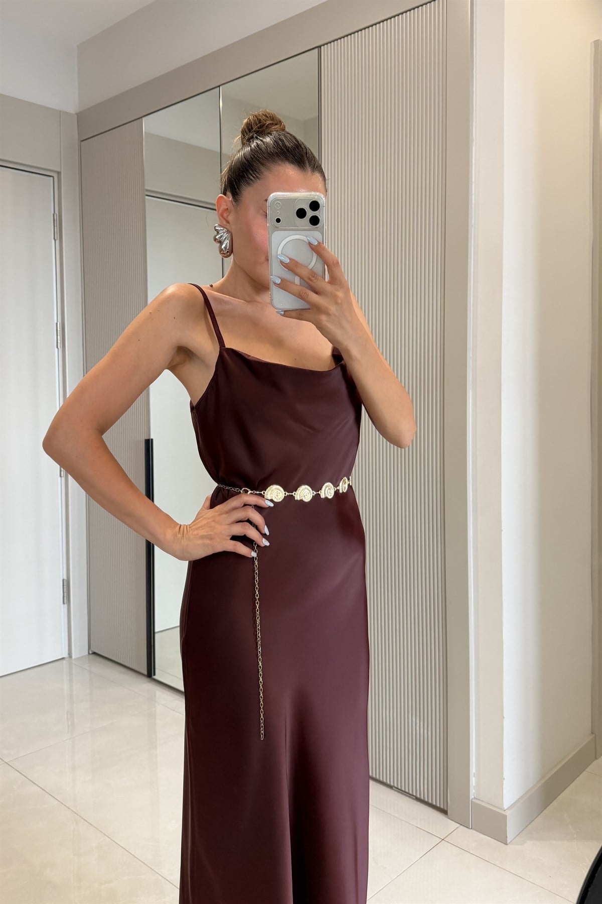 Rixton Bordo Saten Askılı Elbise