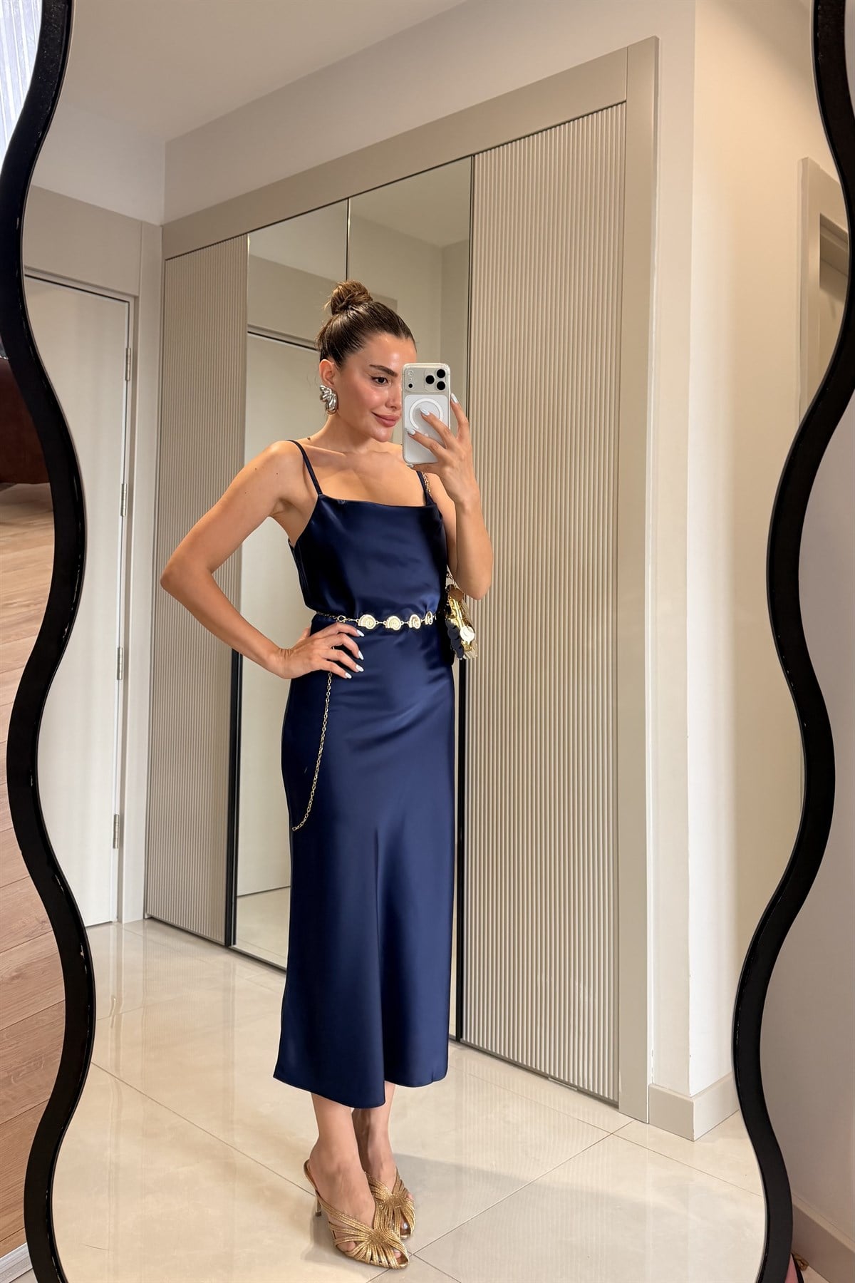Rixton Lacivert Saten Askılı Elbise