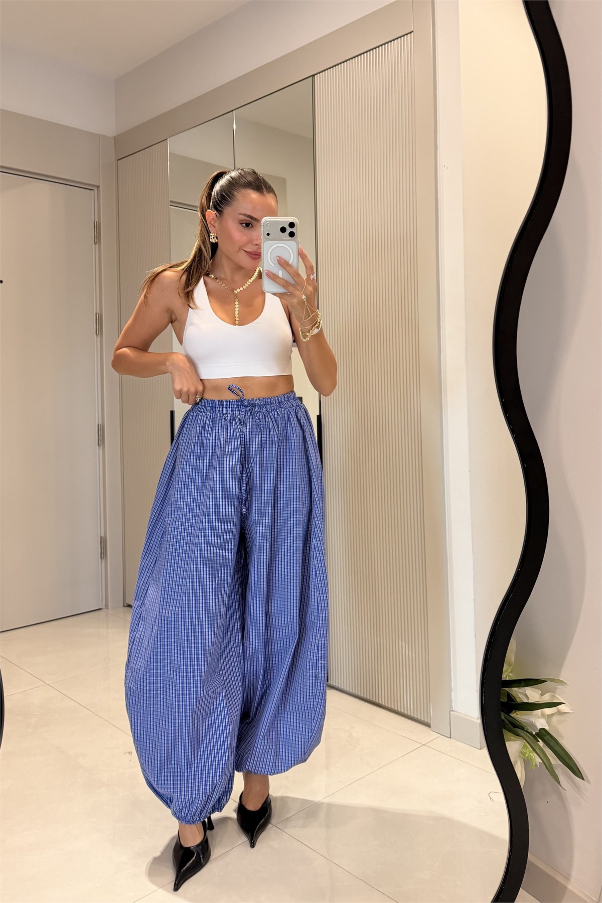 Robbie Mavi Kareli Lastik Paçalı Pantolon