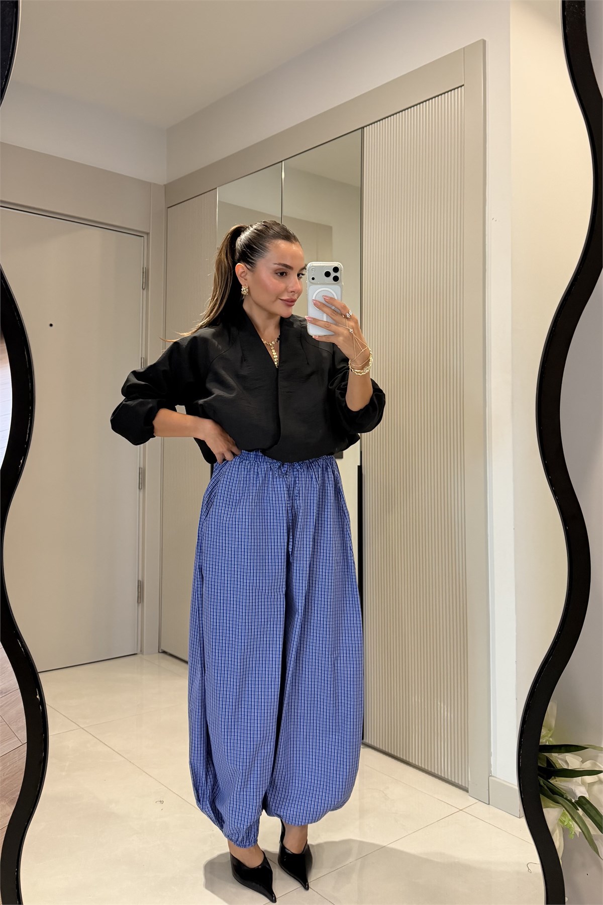 Robbie Mavi Kareli Lastik Paçalı Pantolon