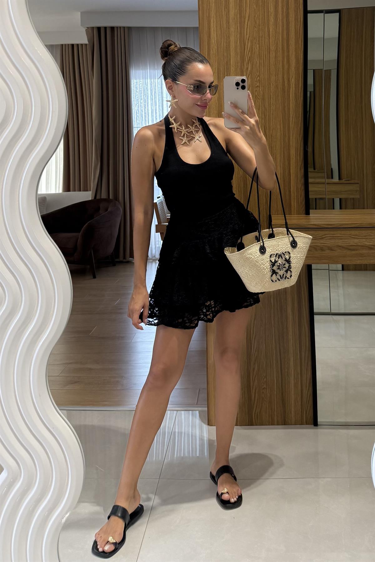 Rockin Siyah Kat Kat Dantel Mini Şort Etek