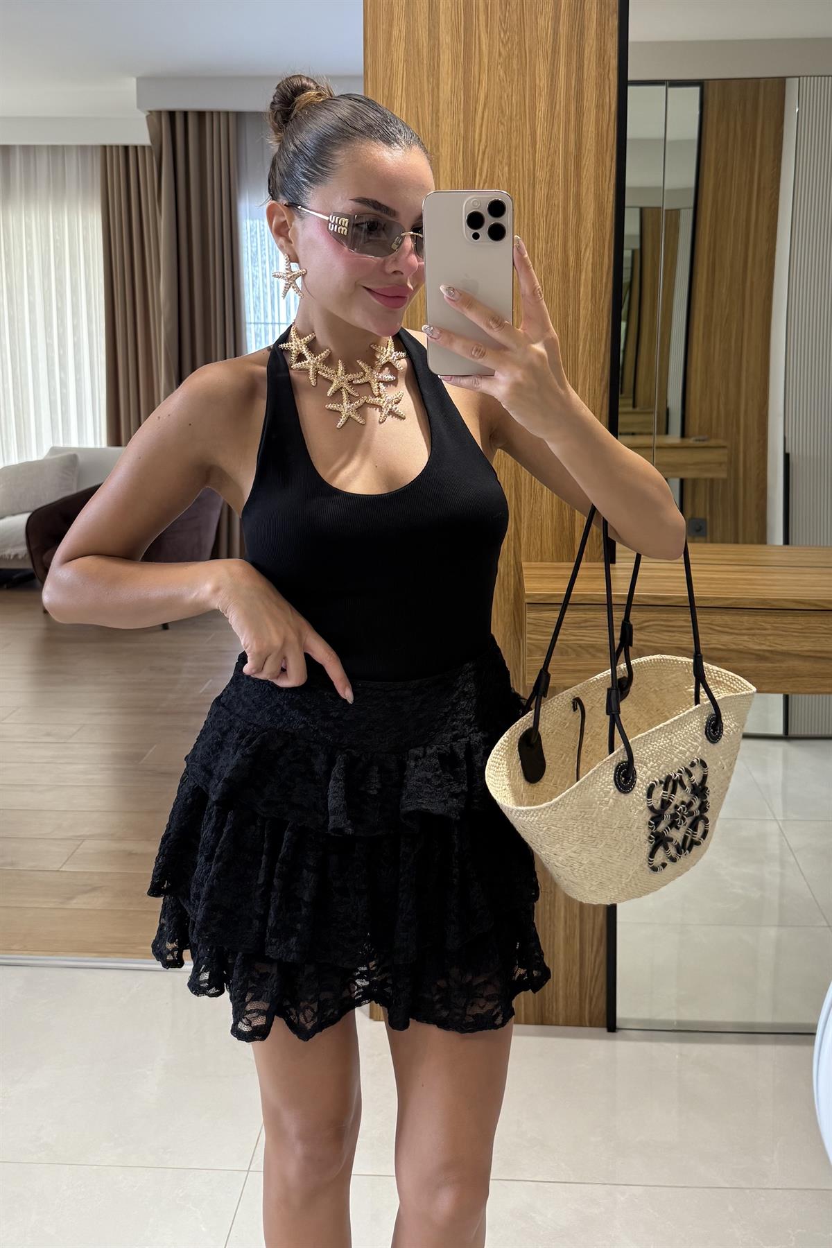 Rockin Siyah Kat Kat Dantel Mini Şort Etek