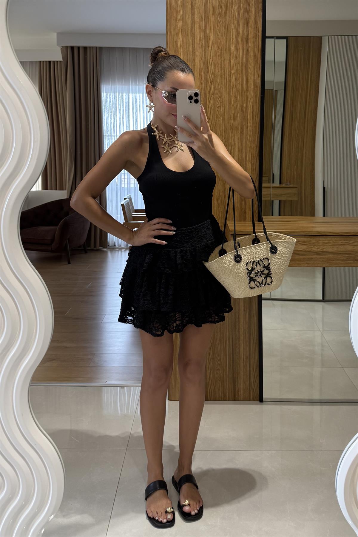 Rockin Siyah Kat Kat Dantel Mini Şort Etek