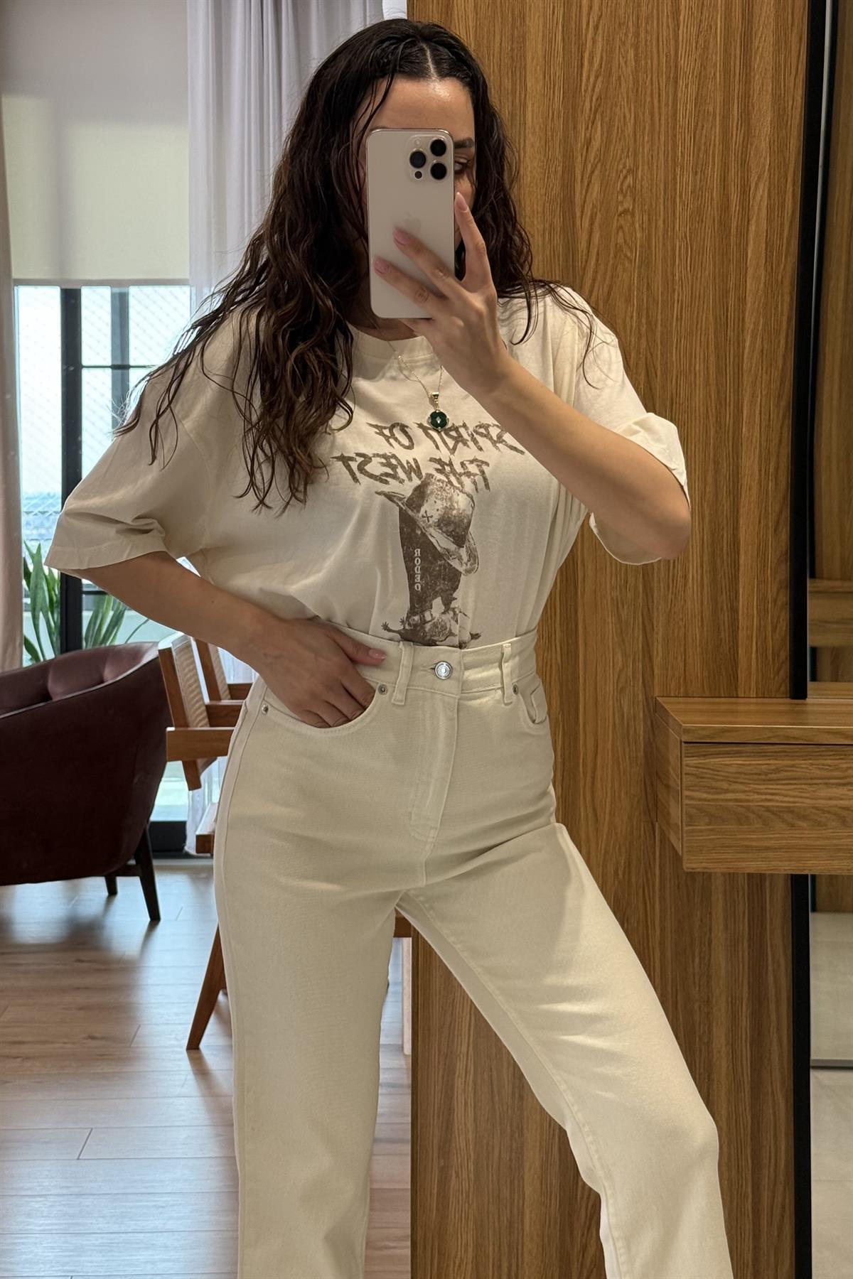 Rodeo Ekru Baskılı Bisiklet Yaka Tshirt