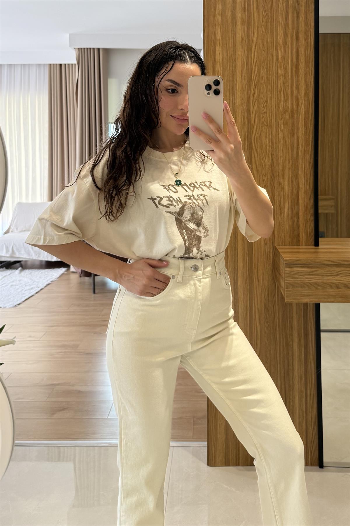 Rodeo Ekru Baskılı Bisiklet Yaka Tshirt