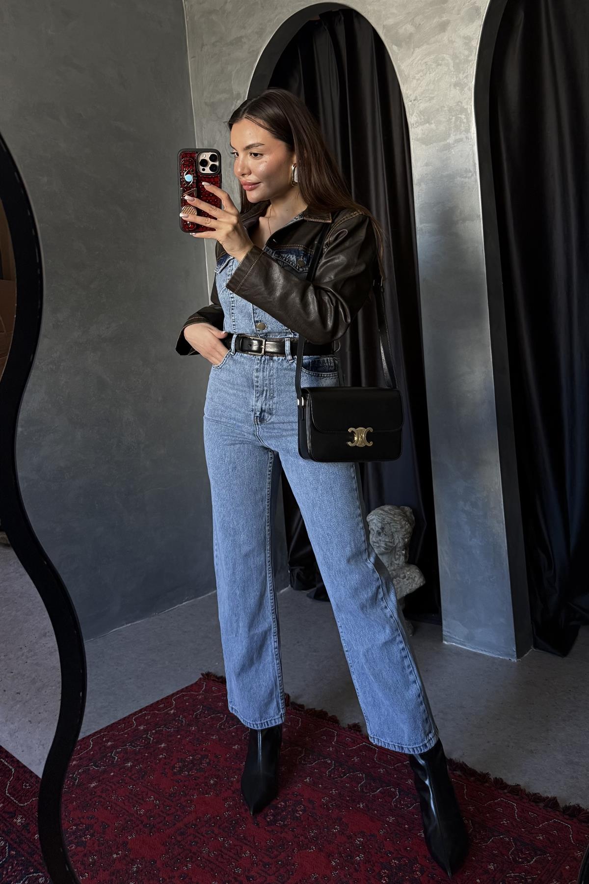 Rodney Deri Detaylı Denim Tulum 