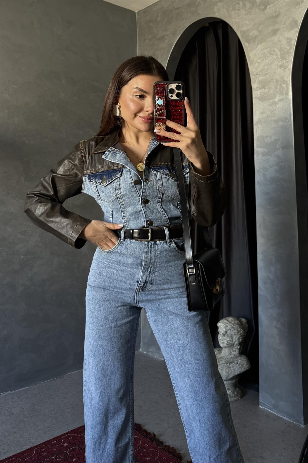 Rodney Deri Detaylı Denim Tulum 