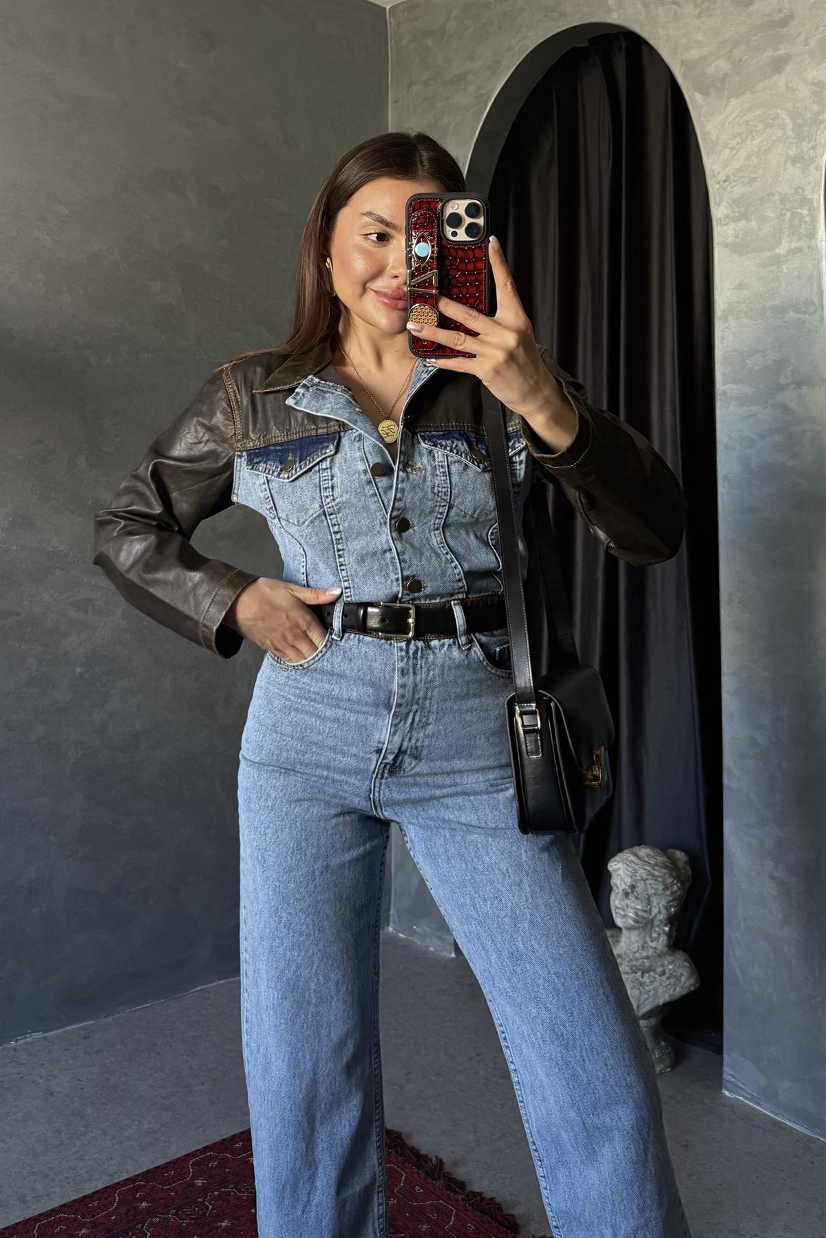 Rodney Deri Detaylı Denim Tulum 