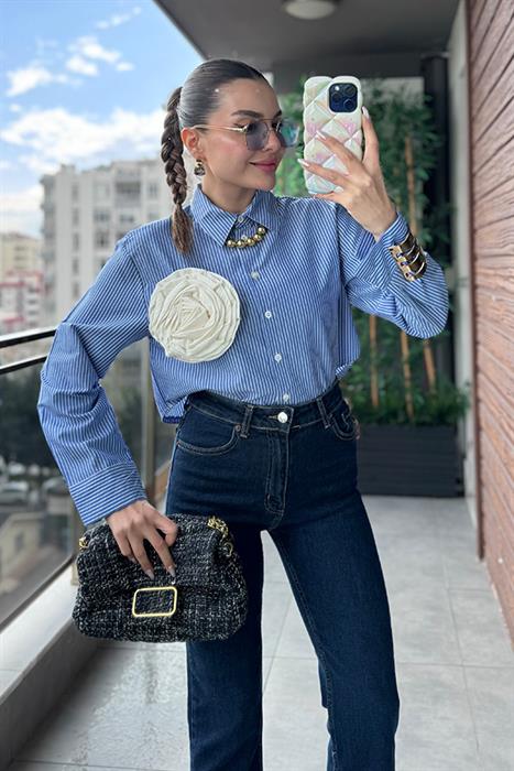 Roge Krem Gül Detaylı Mavi Çizgili Crop Gömlek
